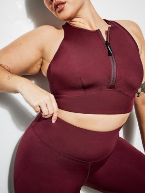 Burgundy Savage X Fenty Locked & Lifted Half-Zip Medium-Impact Women's Sports Bra | ZQVTAM936