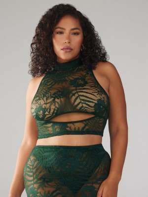 Green Savage X Fenty Shadowplay Lace Keyhole Crop Women's Tops | GIUHLR205