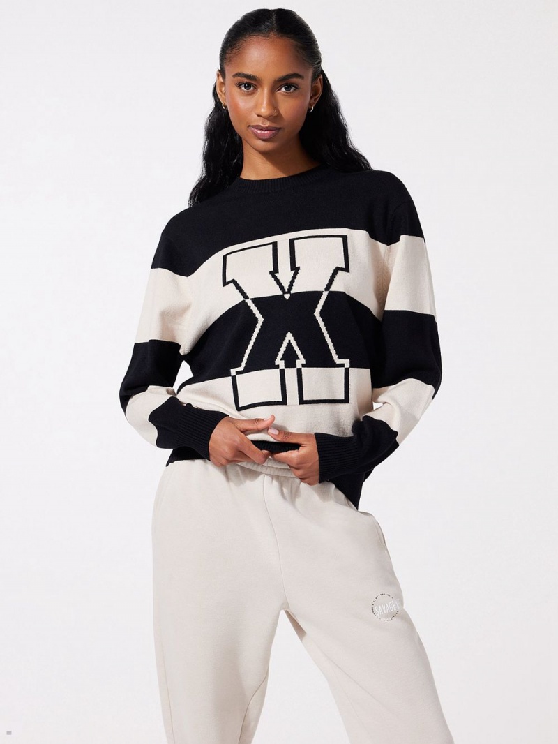 Black Beige Savage X Fenty Lit Leisure Knit Striped Women's Sweatshirt | UGWCSP523