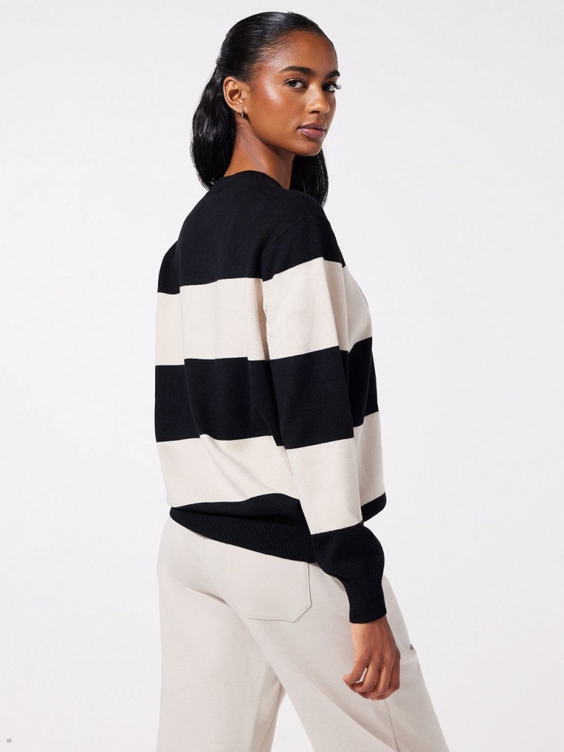 Black Beige Savage X Fenty Lit Leisure Knit Striped Women's Sweatshirt | UGWCSP523