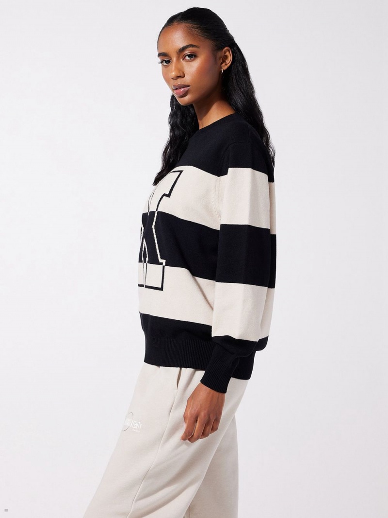 Black Beige Savage X Fenty Lit Leisure Knit Striped Women's Sweatshirt | UGWCSP523