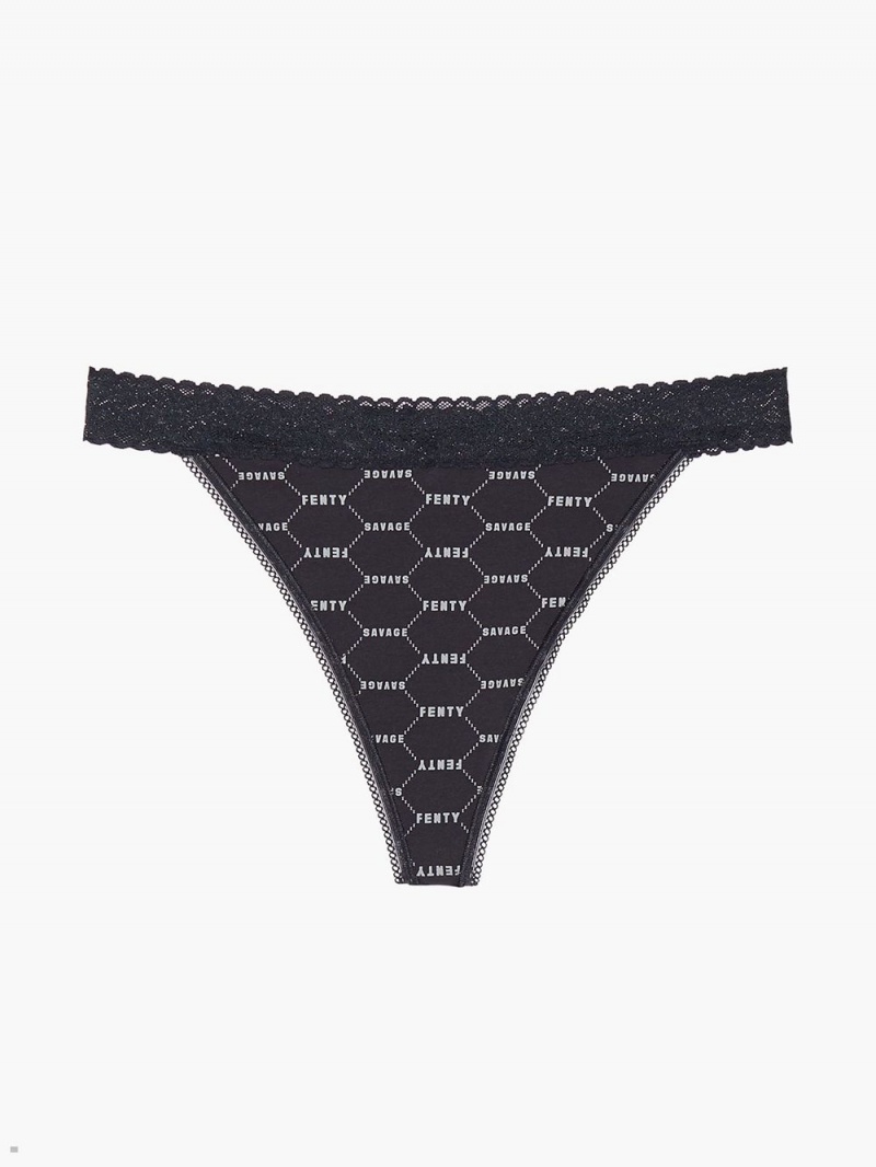 Black Savage X Fenty Cotton Essentials Lace-Trim Women's Thong Panty | FWIZGP569