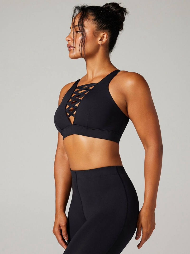 Black Savage X Fenty Lace Up Satin-Trim Medium-Impact Women's Sports Bra | KXGQVA586