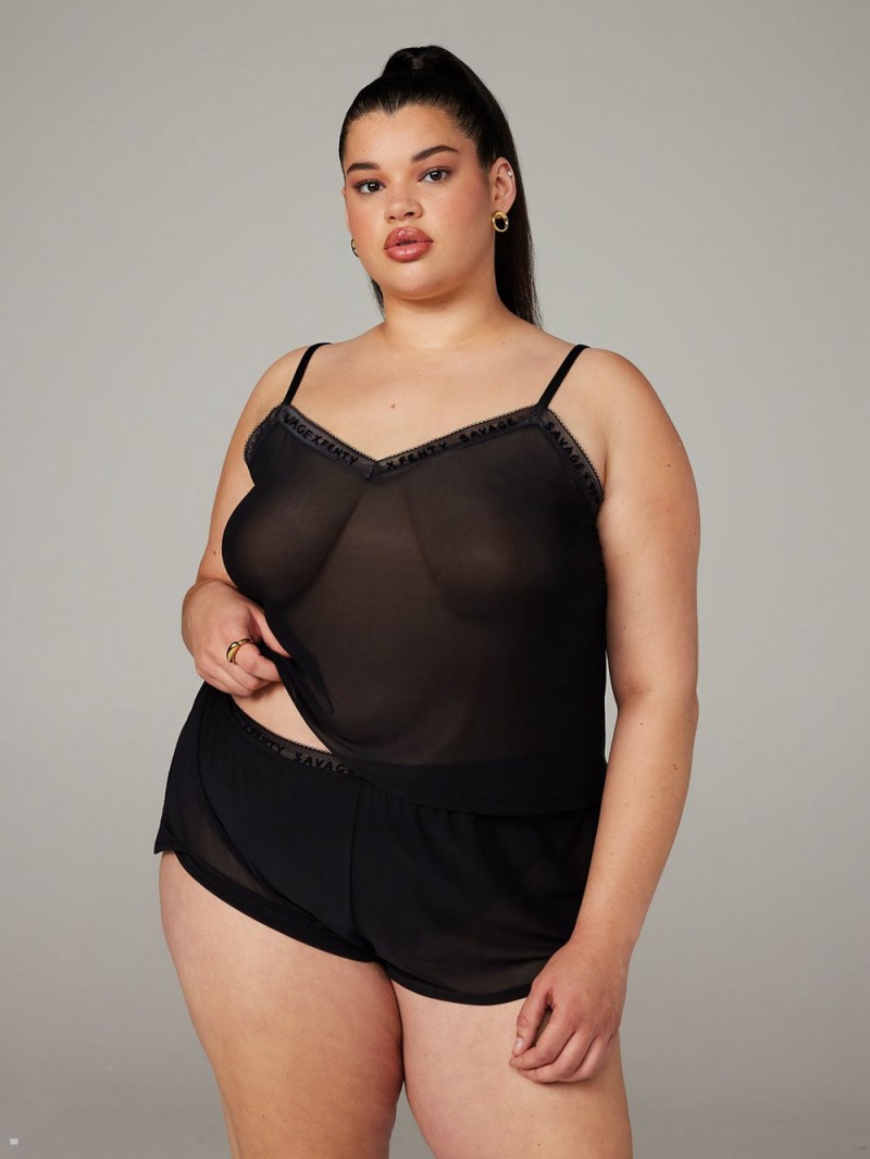 Black Savage X Fenty Logo-Trim Mesh Sleep Cami Women's Tank | UISFJP723