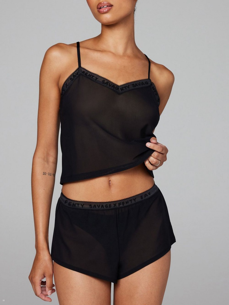 Black Savage X Fenty Logo-Trim Mesh Sleep Women's Shorts | YOAMWV063