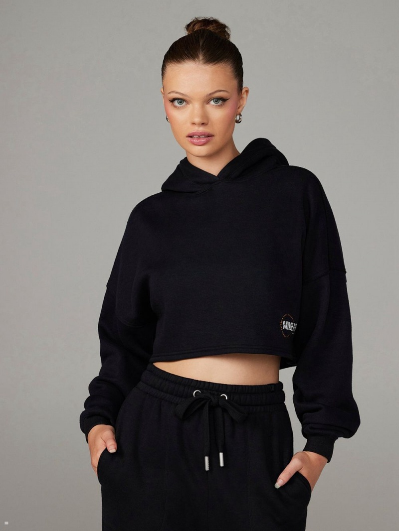 Black Savage X Fenty Xssential Fleece Scope Logo Cropped Women's Hoodie | VTUJWH475