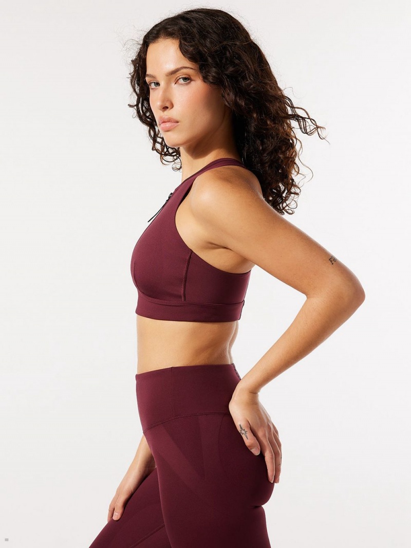 Burgundy Savage X Fenty Locked & Lifted Half-Zip Medium-Impact Women's Sports Bra | MLUFVK498