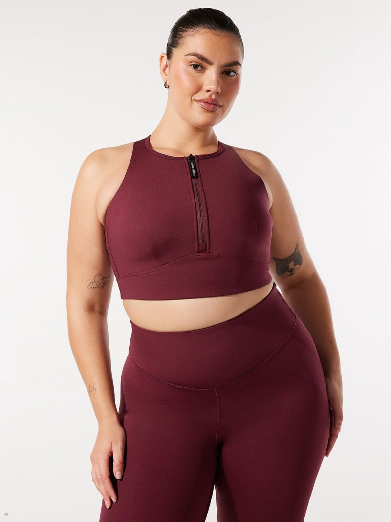 Burgundy Savage X Fenty Locked & Lifted Half-Zip Medium-Impact Women's Sports Bra | ZQVTAM936