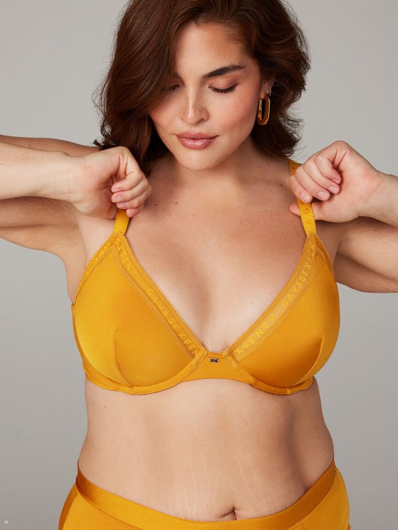 Gold Savage X Fenty New Microfiber Logo-Trim Plunge Women\'s Unlined Bra | DEUASL437