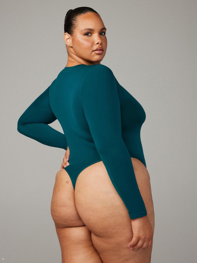 Green Savage X Fenty Seamless Long-Sleeve Teddy Women's Bodysuit | AVKSFM461