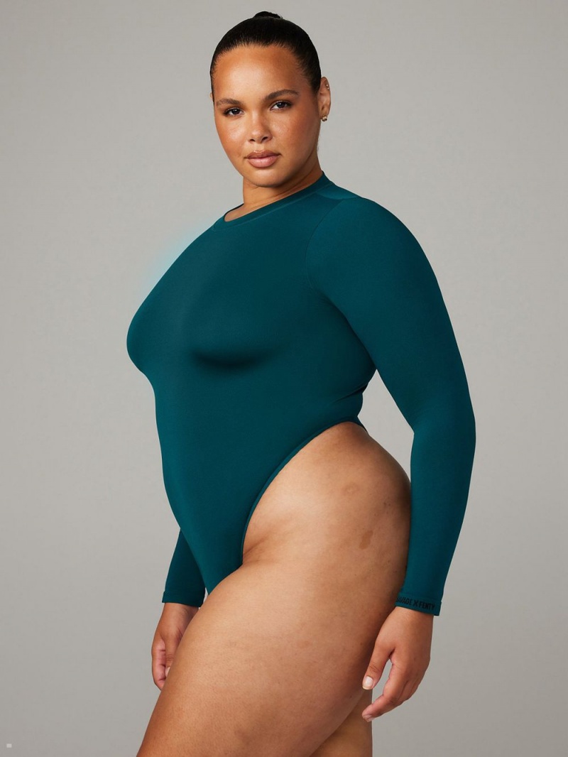 Green Savage X Fenty Seamless Long-Sleeve Teddy Women's Bodysuit | AVKSFM461