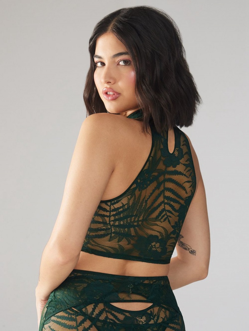 Green Savage X Fenty Shadowplay Lace Keyhole Crop Women's Tops | MHCWXB951