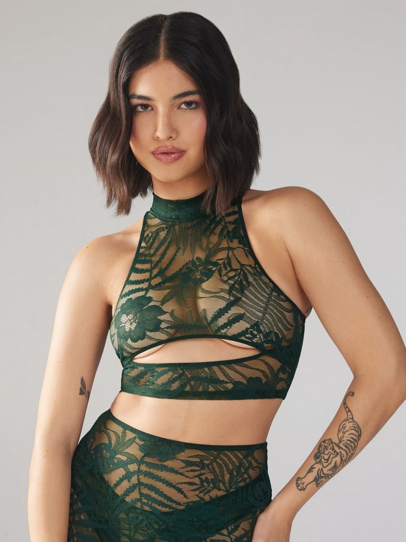 Green Savage X Fenty Shadowplay Lace Keyhole Crop Women\'s Tops | MHCWXB951