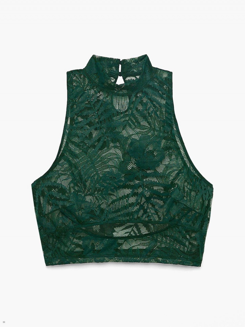 Green Savage X Fenty Shadowplay Lace Keyhole Crop Women's Tops | GIUHLR205